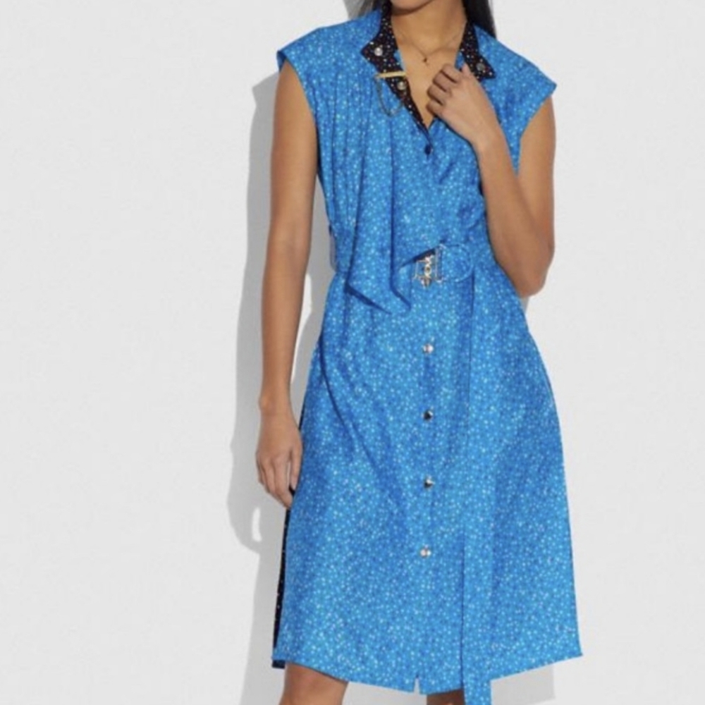 Coach Silk Dot Sleeveless A-Line Midi Dress Blue Women's Size 6 - Picture 8 of 8